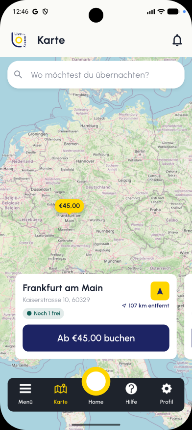 Standortkarte mit Preis und Buchen-Button in der Live-ocracy-App