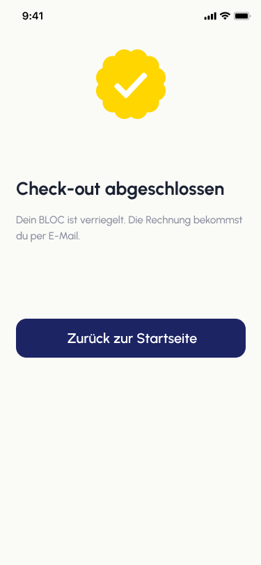 Check-out-Bildschirm der Live-ocracy-App